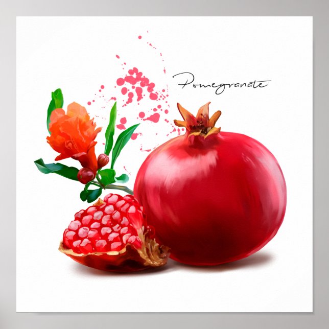 Granatapfel und Spritzer. Aquarellbild Poster (Vorne)
