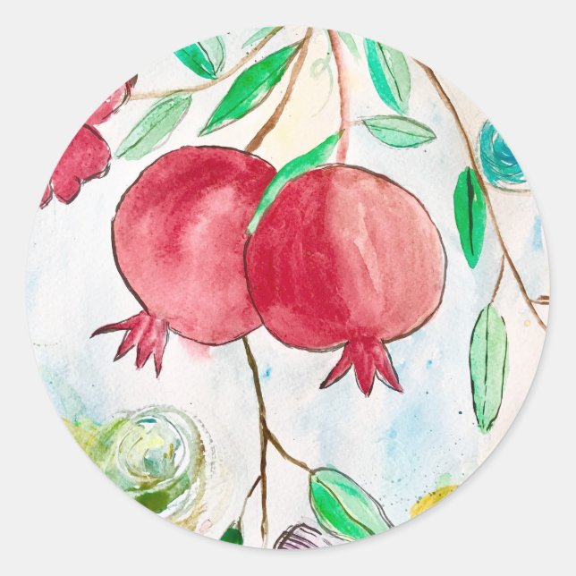Granatapfelfrucht Aquarellkunst Rot tropisch Runder Aufkleber (Vorderseite)
