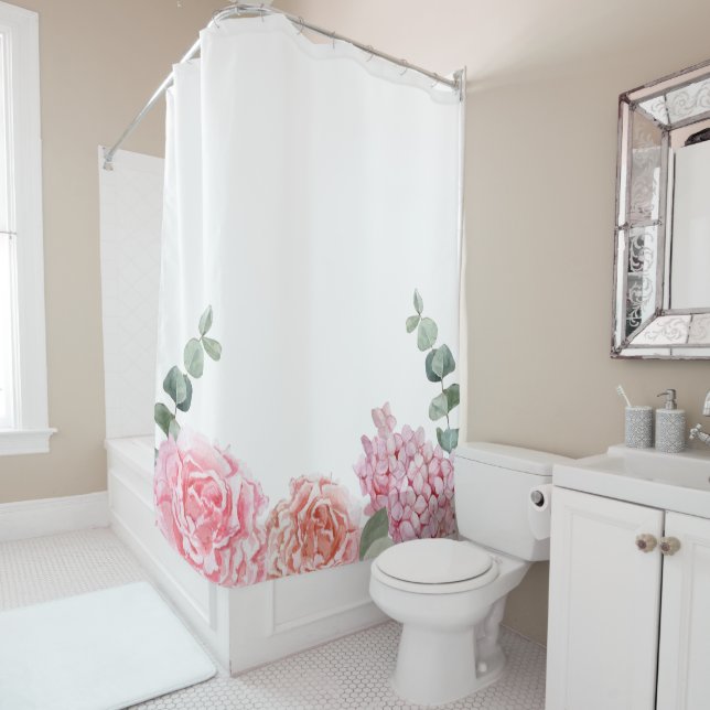 Grand aquarelle délicate doux floral Douche rideau (En situation)
