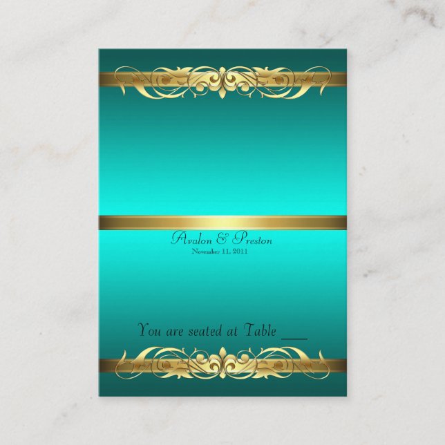 Grand Duchess Aquamarin & Gold Scroll Table Platzk Platzkarte (Vorderseite)