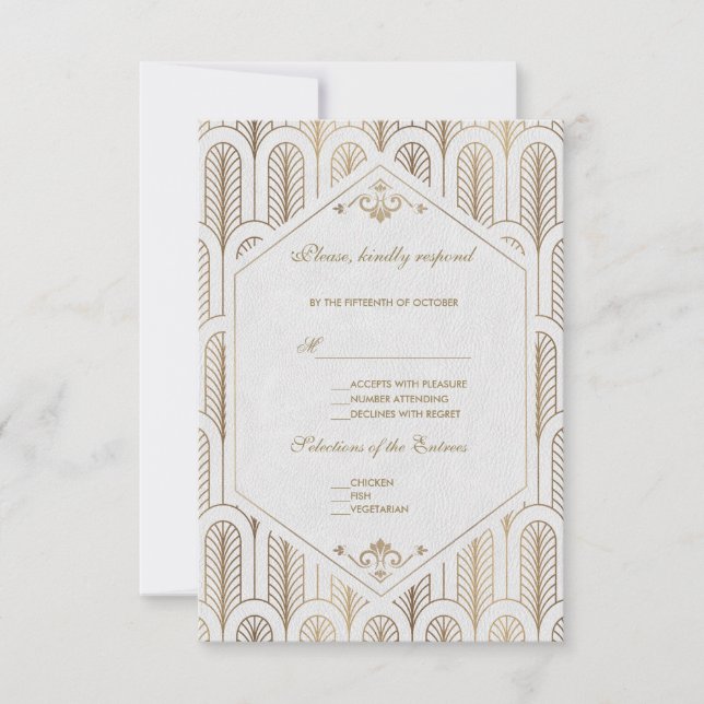 Grand Gatsby Art Déco Or Blanc Mariage RSVP (Devant)