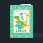Grand Grandson Dinosaurier 1. Geburtstag Blau Karte<br><div class="desc">Eine lustige 1. Geburtstagskarte. Diese helle erste Geburtstagskarte verfügt über einen Cartoon grünen T-Rex Dinosaurier, einen gelben Brontosaurus und einen blauen Triceratops, ein Set auf einem blauen und gelben Dinosaurier Hintergrund Ein schönes niedliches Design für Ihren großen Grandson oder Großen Nephew Jungen, der ein Jahr alt wird. Das Geburtstagsalter und...</div>
