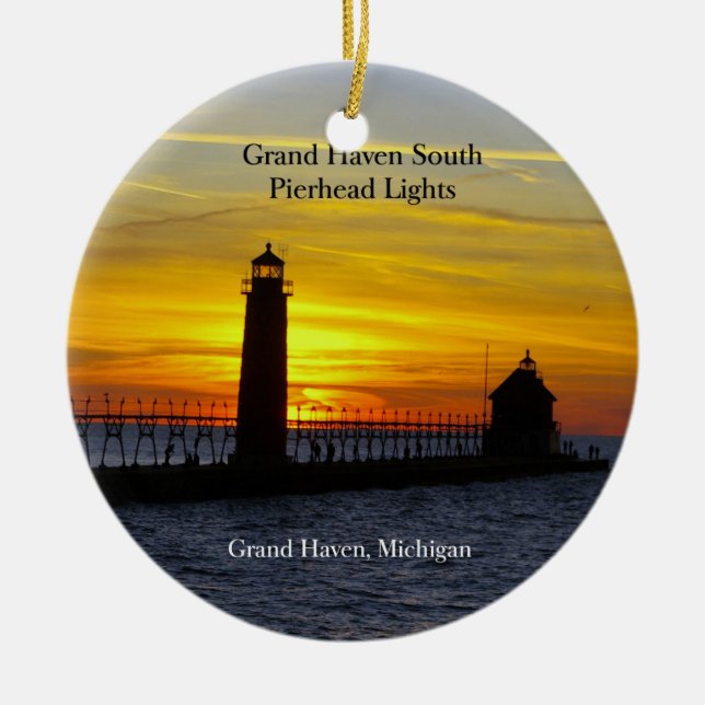 Grand Haven South Pierhead Lights Sonnenuntergang Keramik Ornament (Vorne)