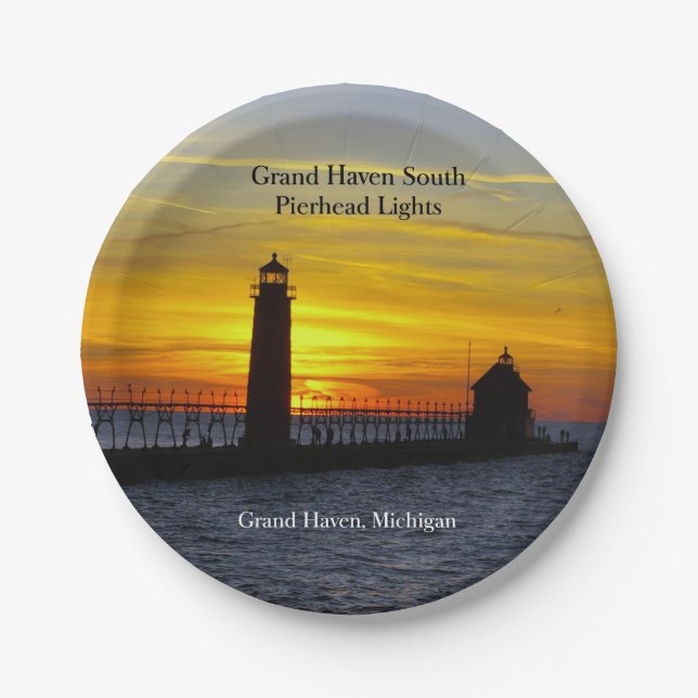Grand Haven South Pierhead Lights Sonnenuntergang Pappteller (Vorderseite)