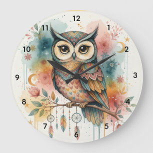 Grand Horloge Murale Chouette Boho
