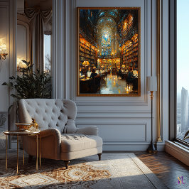Grand Library Interior in Impressionist Style Poster