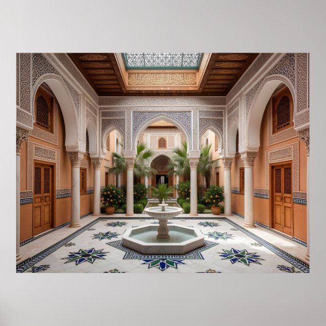 Grand Moroccan Riad Courtyard with Marble Fountain Poster (Vorne)