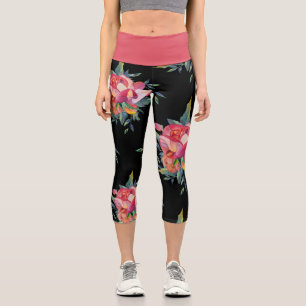 Grand motif floral gras sur leggings capri noir