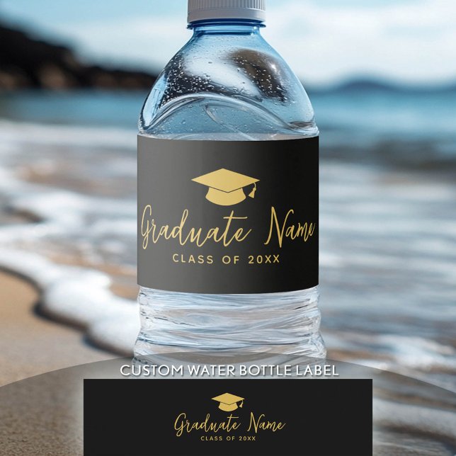 Grand Name Script mit Cap - Black Gold Abschluss (Custom Graduation Water Bottle Label)