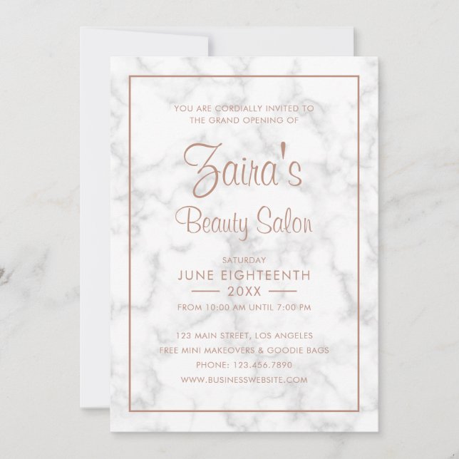 Grand Opening Beauty Salon Modern Marble Rose Gold Einladung (Vorderseite)