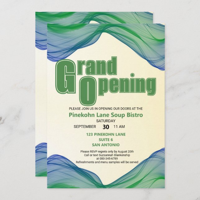 Grand Opening Blue Green Border Watercolor Waves Einladung (Vorne/Hinten)