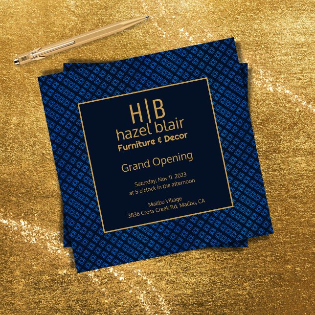 Grand Opening Business Gold Monogram Blue Squares Einladung (Von Creator hochgeladen)