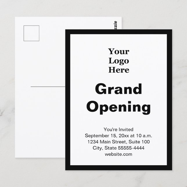 Grand Opening Business Logo Black White Invitation Postkarte (Vorne/Hinten)