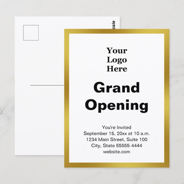 Grand Opening Business Logo Gold White Invitation Postkarte (Vorne/Hinten)