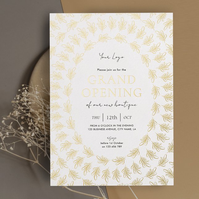 Grand Opening Elegante Business Launch Event Folieneinladung (Elegant white and gold business grand opening invitation with greenery frame printed in real foil)
