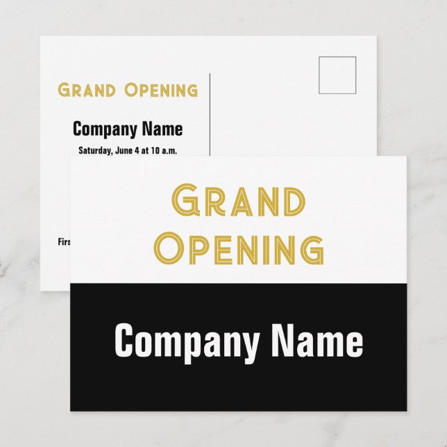 Grand Opening Gold Black and White Company Name Postkarte (Vorne/Hinten)