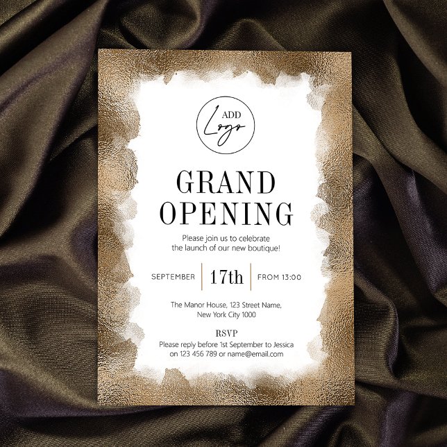 Grand Opening Gold Glitzer Modern Logo Einladung (Professional business grand opening invitations with gold glitter and fully editable text & logo)