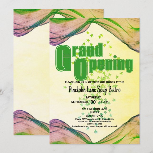Grand Opening Green Yellow Border Wave Stars Einladung (Vorne/Hinten)