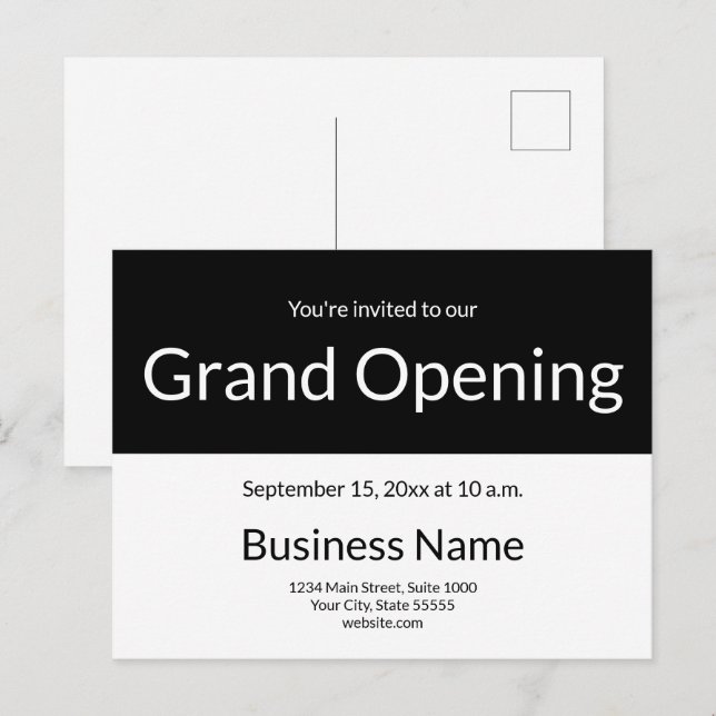 Grand Opening Invitation Business Black and White (Devant / Derrière)