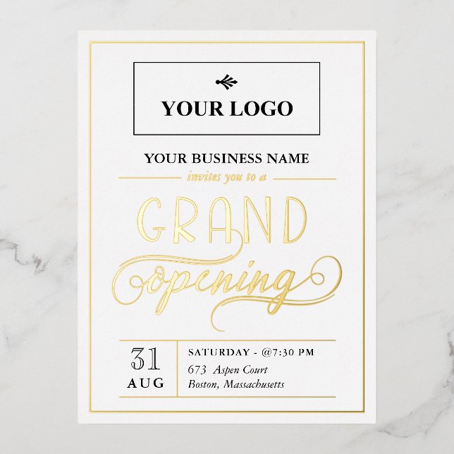Grand Opening von White Black & Gold-Logos Folie Einladungspostkarte (Vorderseite)