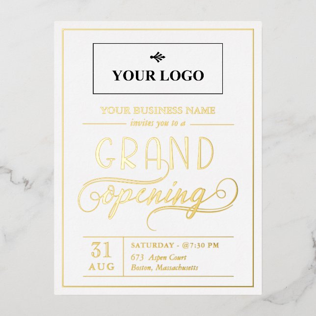 Grand Opening von White & Gold-Logos Folie Einladungspostkarte (Vorderseite)