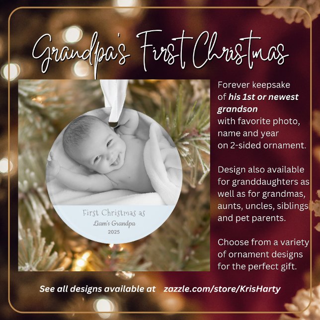 Grand-père 1er Noël Nom de la photo personnalisée  (Grandpa's First Christmas with 1st or newest grandson. Gift him this forever keepsake he'll love.)