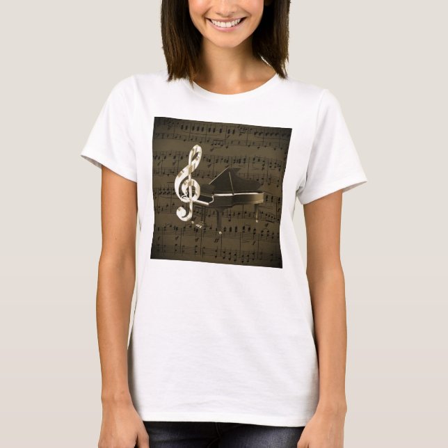 Grand Piano Treble Clef Bronze Sheet Music T-Shirt (Vorderseite)