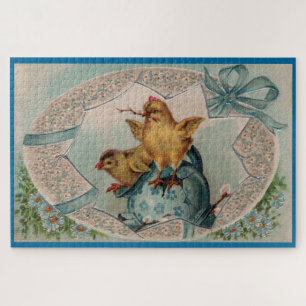 Grand puzzle Œuf de Pâques bleu et poussins