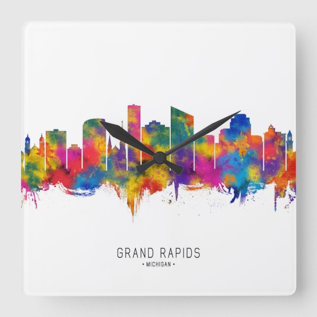 Grand Rapids Michigan Skyline Quadratische Wanduhr (Vorderseite)