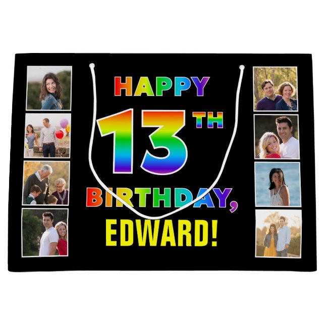 Grand Sac Cadeau 13e anniversaire : Rainbow Text, Custom Photos & N (Devant)