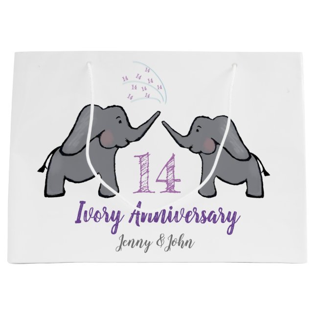 Grand Sac Cadeau 14e anniversaire mariage d'ivoire éléphant mignon (Devant)