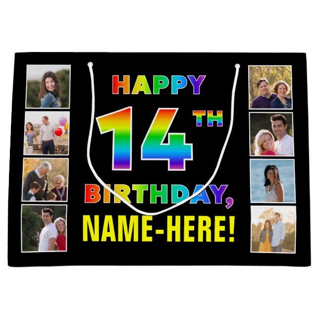Grand Sac Cadeau 14e anniversaire : Rainbow Text, Custom Photos & N (Devant)