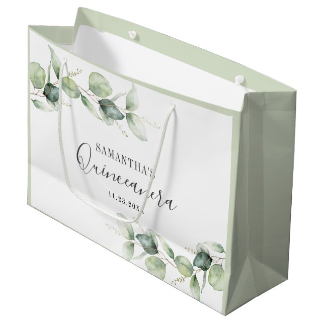 Grand Sac Cadeau 15e anniversaire Eucalyptus Verdure Quinceanera (Devant Angle)