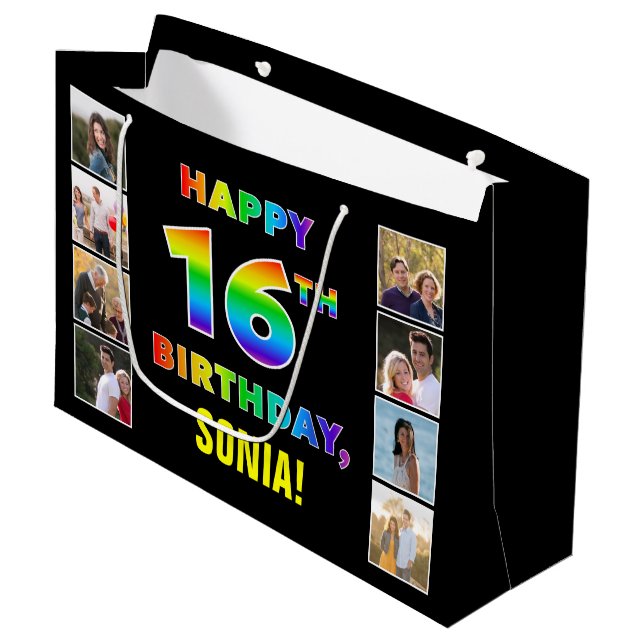 Grand Sac Cadeau 16e anniversaire : Rainbow Text, Custom Photos & N (Devant Angle)