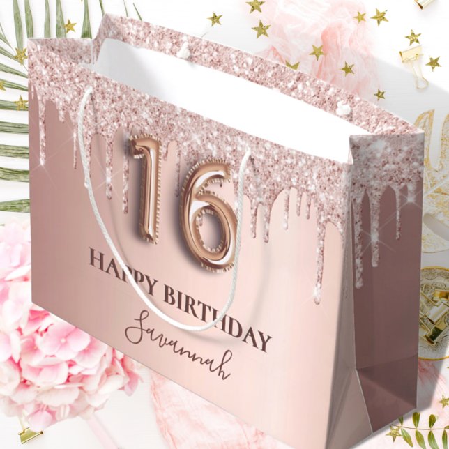 Grand Sac Cadeau 16e anniversaire rose or parties scintillant rose  (Créateur téléchargé)