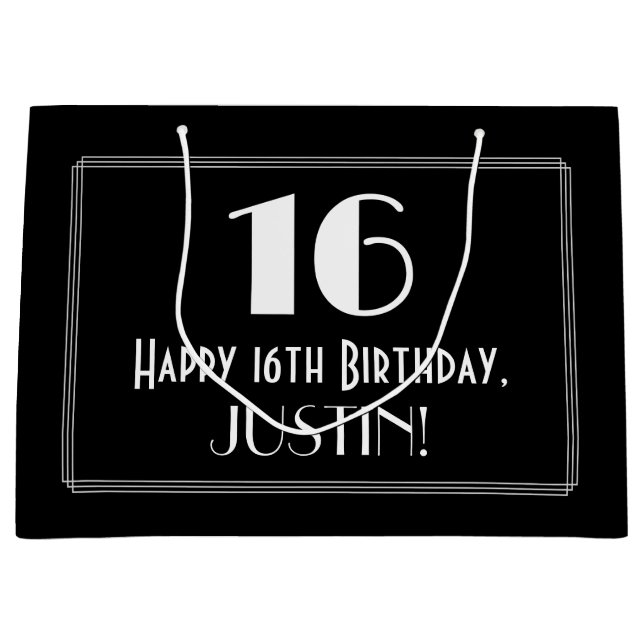 Grand Sac Cadeau 16ème anniversaire : Art Déco Style inspiré "16",  (Devant)