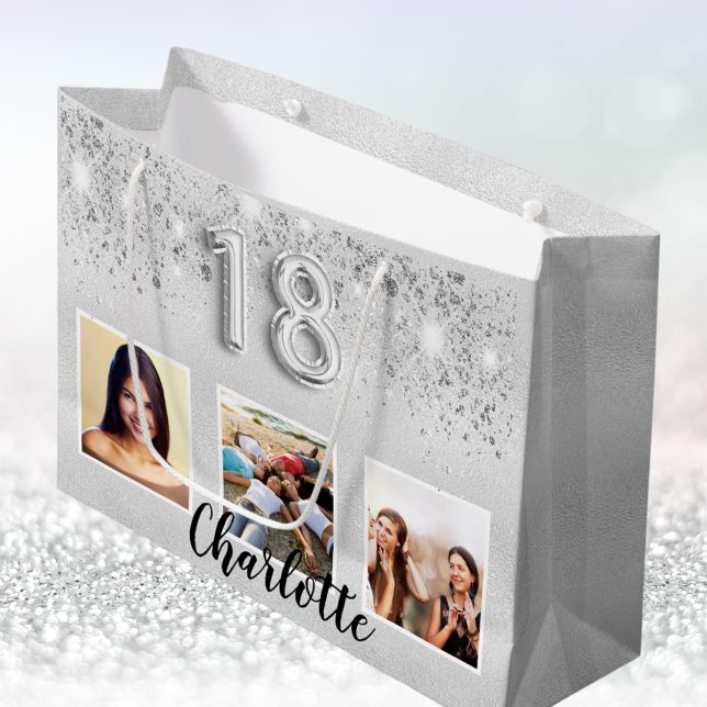 Grand Sac Cadeau 18e anniversaire argent parties scintillant nom ph (Créateur téléchargé)