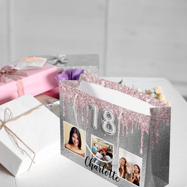Grand Sac Cadeau 18e anniversaire argent rose parties scintillant g (Créateur téléchargé)
