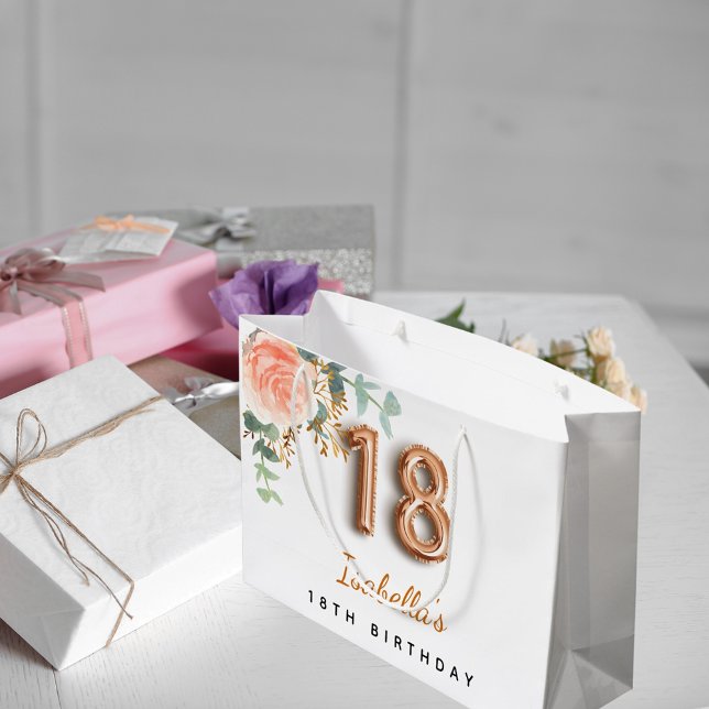 Grand Sac Cadeau 18e anniversaire floral rose or eucalyptus anniver (Créateur téléchargé)
