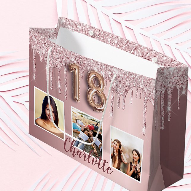 Grand Sac Cadeau 18e anniversaire rose parties scintillant gouttes  (Créateur téléchargé)