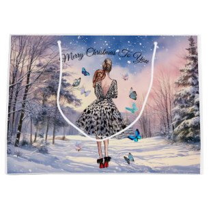 Grand Sac Cadeau 1950 Femme aux papillons Salutation de Noël