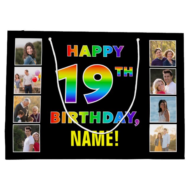 Grand Sac Cadeau 19e anniversaire : Rainbow Text, Custom Photos & N (Dos)
