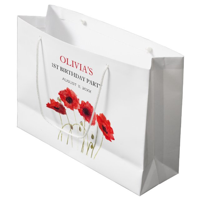 Grand Sac Cadeau 1er Anniversaire Fête Poppies Bébé Fille (Devant Angle)