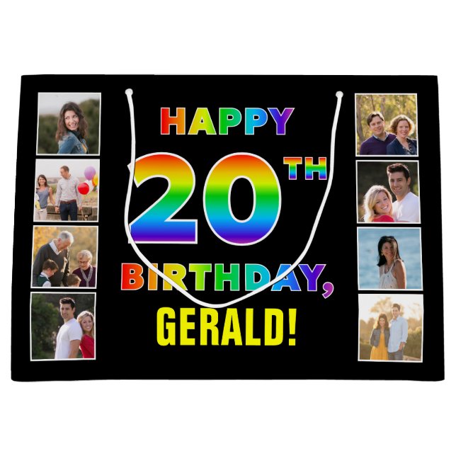 Grand Sac Cadeau 20e anniversaire : Rainbow Text, Custom Photos & N (Devant)