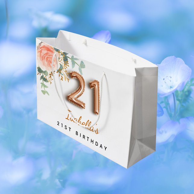 Grand Sac Cadeau 21e anniversaire floral rose or eucalyptus anniver (Créateur téléchargé)