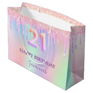 Grand Sac Cadeau 21e anniversaire holographique rose pourpre goutte
