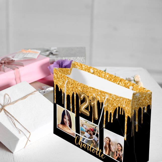 Grand Sac Cadeau 21e anniversaire noir parties scintillant d'or gou (Créateur téléchargé)