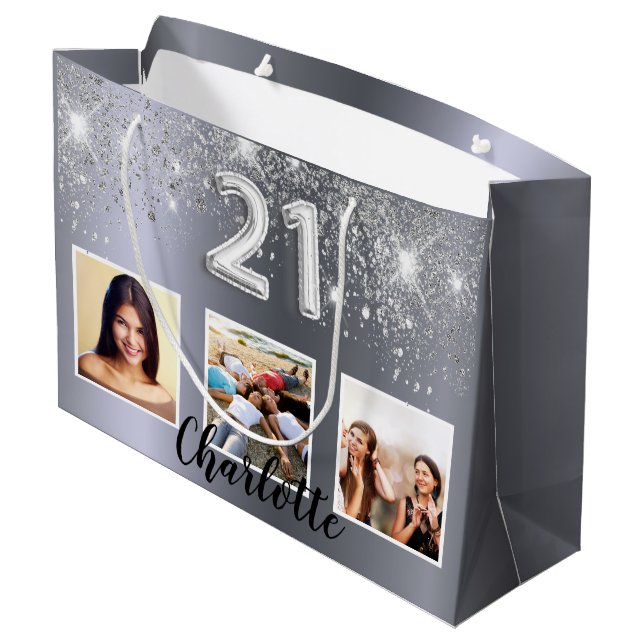 Grand Sac Cadeau 21e anniversaire parties scintillant argent photo (Dos Angle)