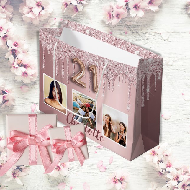 Grand Sac Cadeau 21e anniversaire rose parties scintillant gouttes  (Créateur téléchargé)