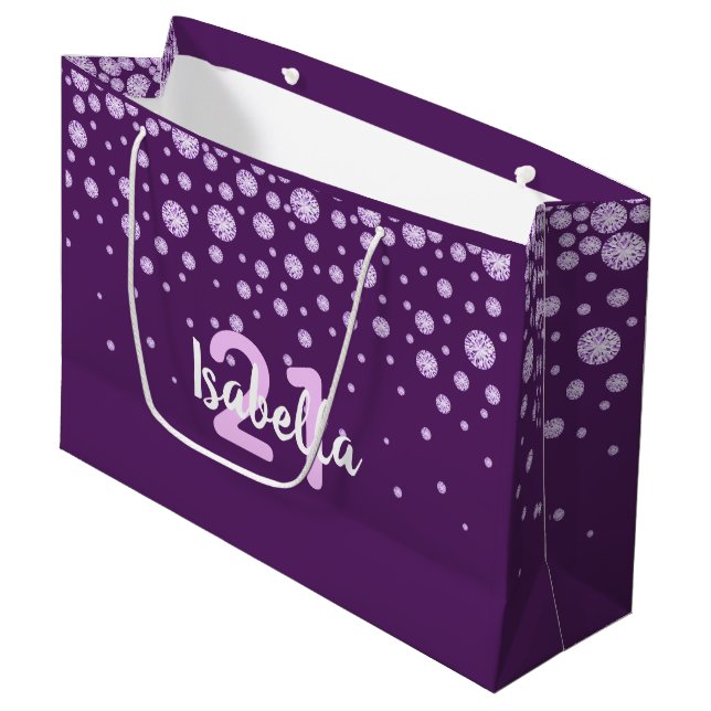 Grand Sac Cadeau 21e anniversaire rose violet nom diamants (Devant Angle)